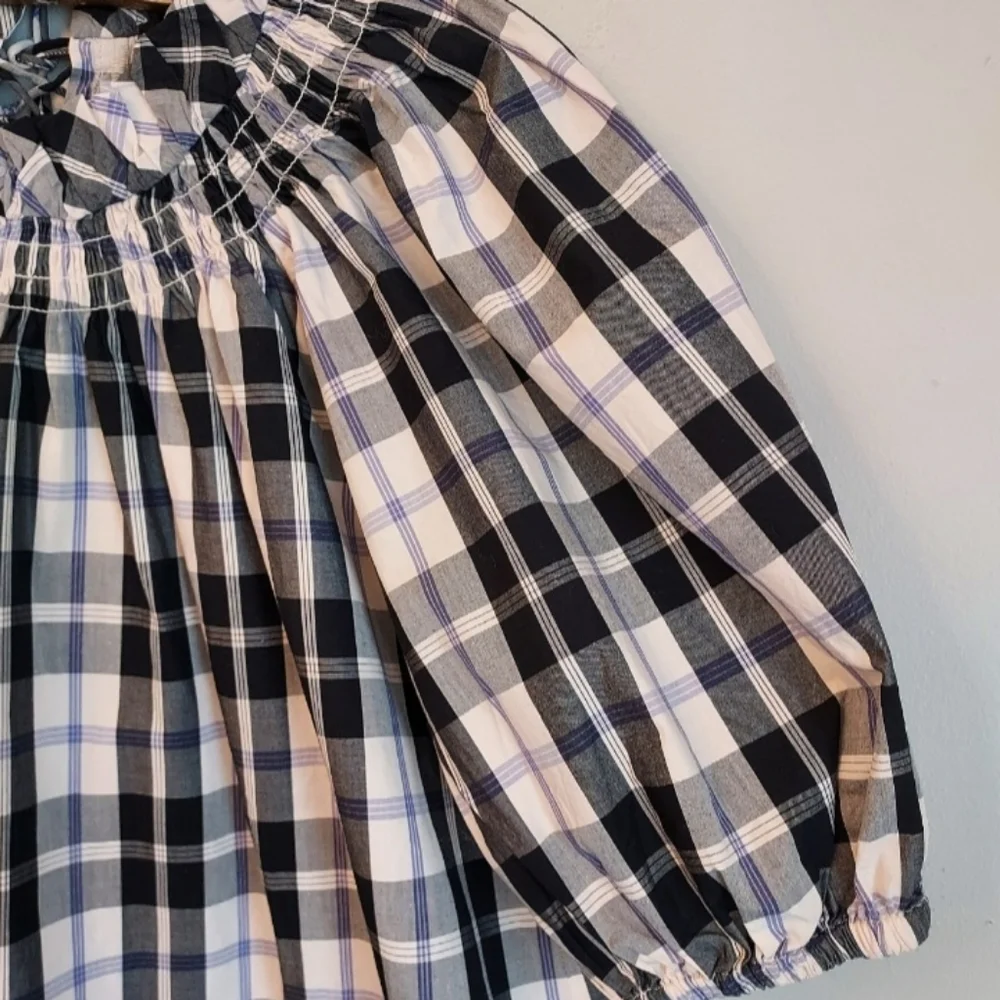 J. Crew Floral Short Puff Sleeve Black Plaid Blouse Size Medium